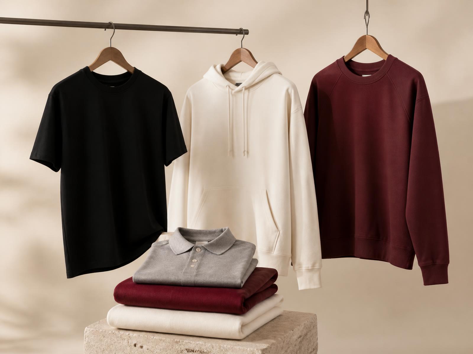 Kurumsal tekstil koleksiyonu: siyah tişört, krem hoodie, bordo sweatshirt ve gri polo yaka